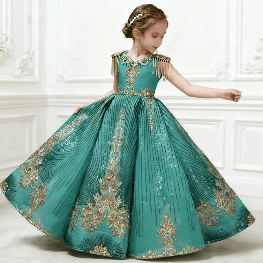 Vestido de fiesta bordado con cuello en V verde, vestido hinchado para niños, elegante presentador, desfile de moda, celebración Formal