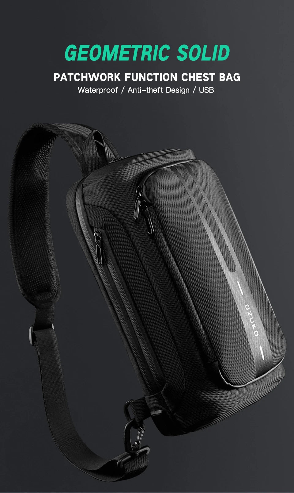 OZUKO-Bolso bandolera informal con carga USB para hombre, bandolera multifunción, bandolera antirrobo, bolso impermeable para hombre