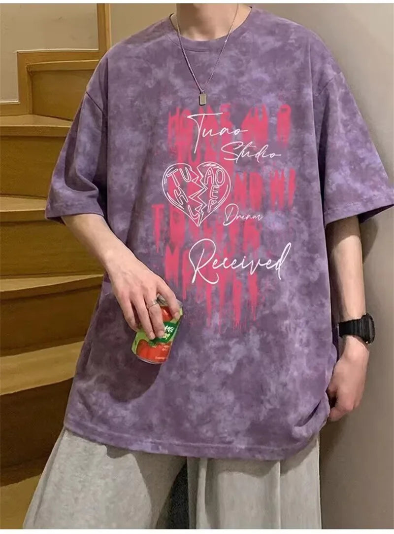 Camisetas de Verano 2026 para Hombre con Estampado Tie-Dye y Gráficos de Graffiti, Camisetas Oversize Juveniles con Estampado de Letras, Tops de Moda Urbana con Contraste de Color