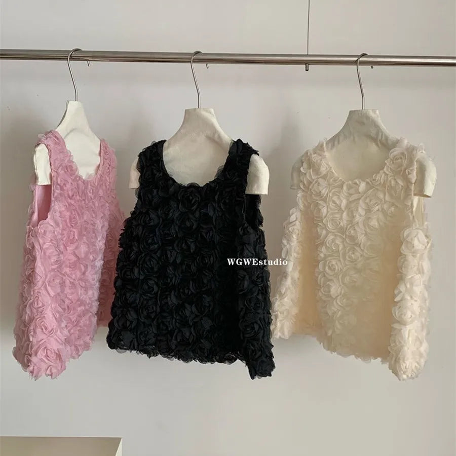 Chaleco sin mangas de estilo coreano con rosas para mujer, chaleco informal liso y dulce para vacaciones, Tops elegantes con cuello redondo a la moda para verano, novedad