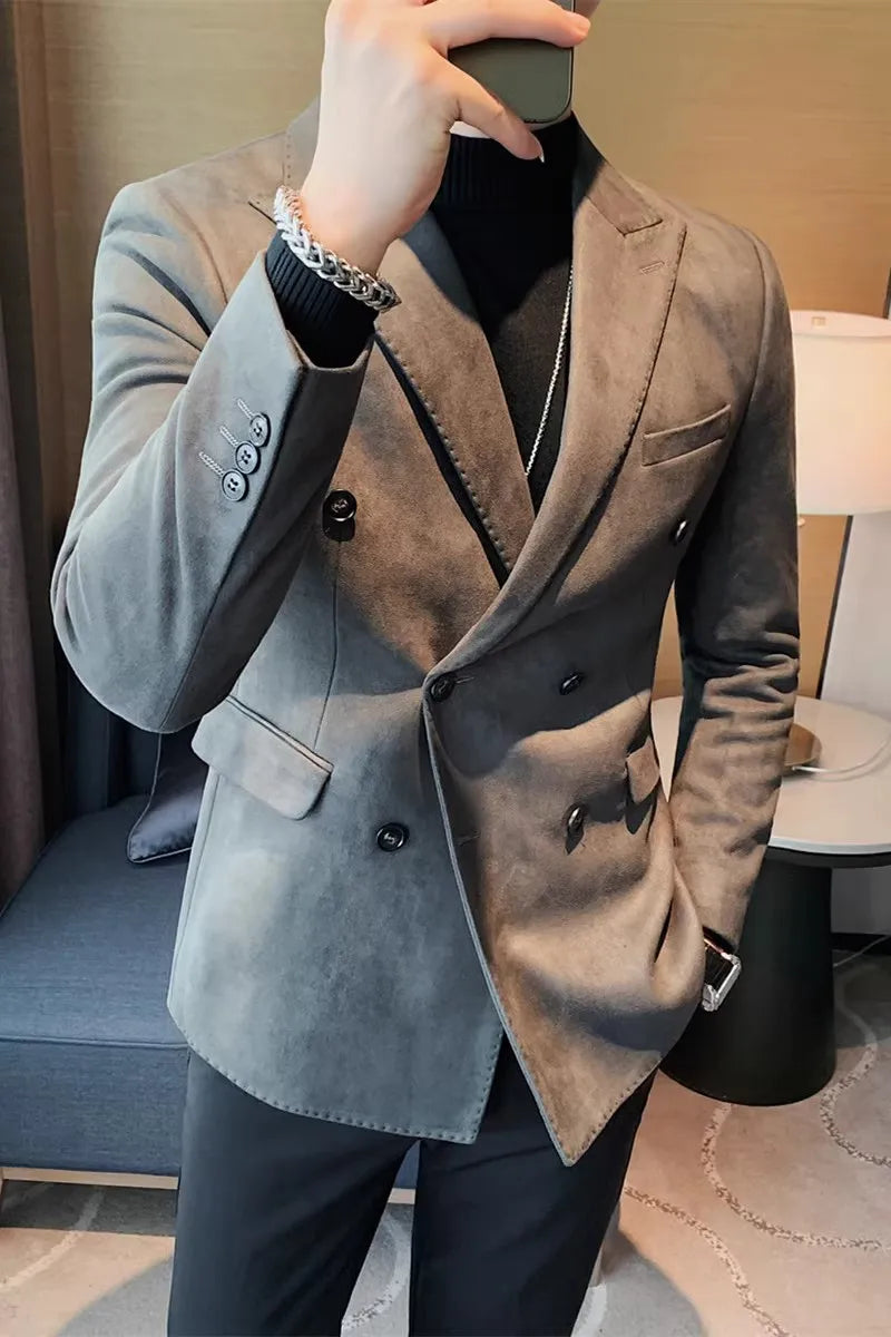 Chaqueta de ante con botones de doble botonadura para hombre, traje de negocios informal, ropa de calle Social, otoño e invierno, 2023