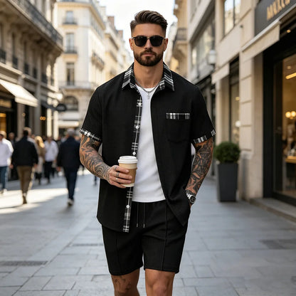 Nuevo conjunto de verano Waffle, camisa y pantalones cortos a cuadros para hombre, conjunto informal de dos piezas F156D