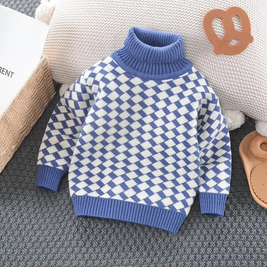 Suéter de cuello alto para niños, suéter a cuadros de felpa para bebés, parte inferior engrosada, ropa interior para niños, Otoño e Invierno