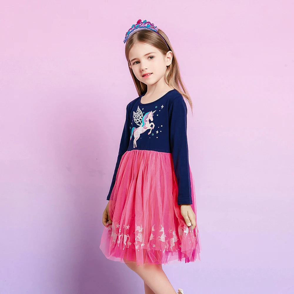 VIKITA-vestido de manga larga para niñas, azul marino, rosa, estampado de unicornio brillante, malla de tul, fiesta de fantasía, vestido elegante informal de princesa