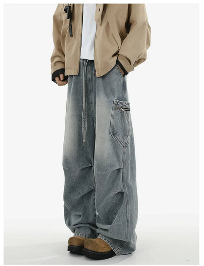 Pantalones vaqueros Cargo plisados de calle alta de otoño para Hombre, Pantalones vaqueros rectos de pierna ancha con bolsillo, moda Hip Hop Y2K, Vaqueros holgados