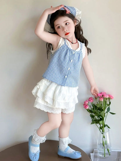 Conjunto de Dos Piezas con Estampado a Cuadros para Niñas, Top Halter con Cuello en V y Falda Corta, Mezcla de Algodón y Poli...