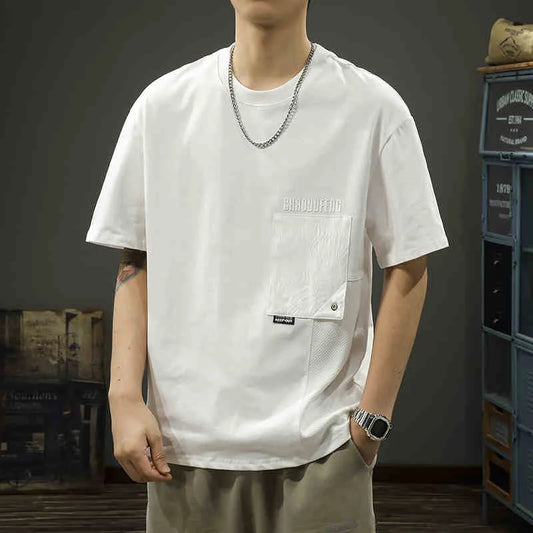 Camiseta de manga corta con cuello redondo y bolsillo para hombre, camisetas informales de algodón con estampado de letras, ropa de calle transpirable Y2K, verano