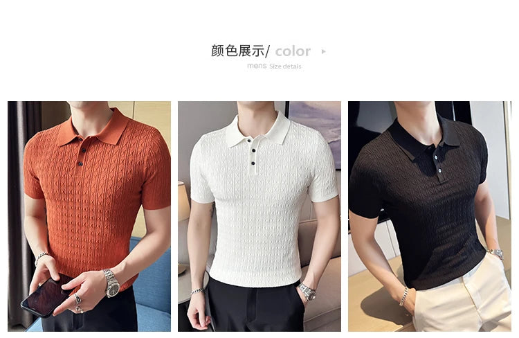 Polo de manga corta de punto Jacquard para hombre, camiseta de Golf con solapa de moda, ajustada, nueva