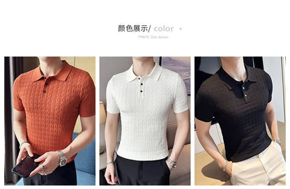 Polo de manga corta de punto Jacquard para hombre, camiseta de Golf con solapa de moda, ajustada, nueva