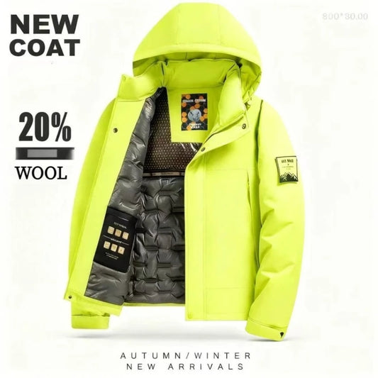 Chaqueta de algodón de mezcla de lana verde fluorescente de invierno 2025 para hombre - Chaqueta acolchada de algodón verde fluorescente (negro/rojo/caqui)