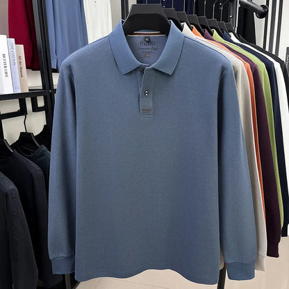 Polo de manga larga de otoño 2025 para hombre, 100% algodón transpirable, estilo informal de negocios con cuello de algodón clásico