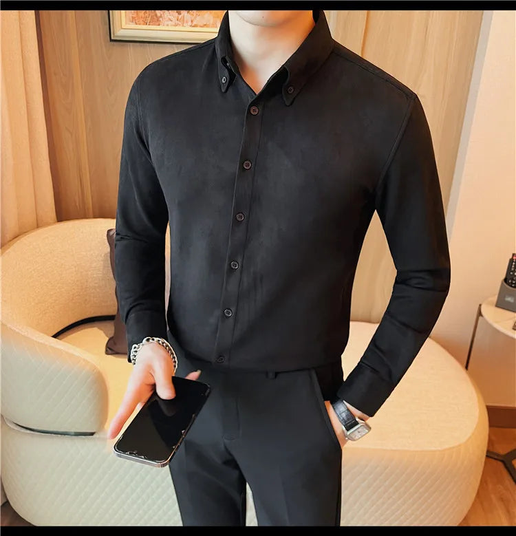 Camisa de ante de alta calidad para hombre, camisas de negocios informales de manga larga para otoño e invierno, blusa de esmoquin para fiesta Social, ropa para hombre 2023