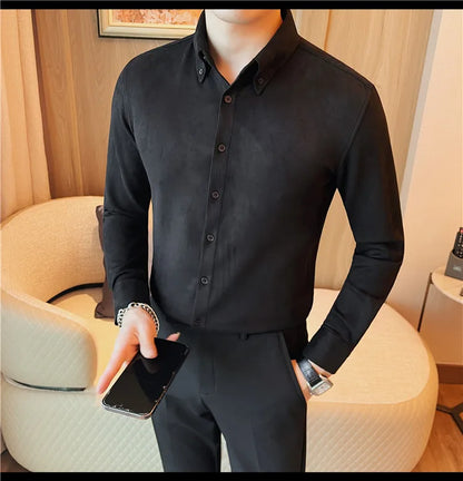 Camisa de ante de alta calidad para hombre, camisas de negocios informales de manga larga para otoño e invierno, blusa de esmoquin para fiesta Social, ropa para hombre 2023