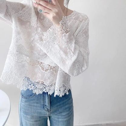 Blusas de algodón de primavera para mujer, camisas elegantes de manga larga caladas con encaje de ganchillo