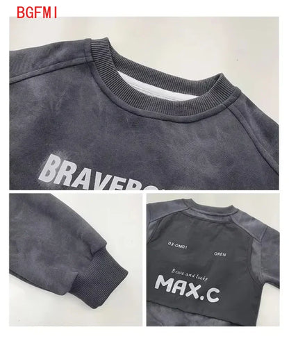 Sudadera para Niño, Estilo Versátil, Nueva Colección 2026, Manga Larga, Gris, Diseño de Parches, Corte Holgado, Estilo Coreano, Unisex, Ropa de Otoño