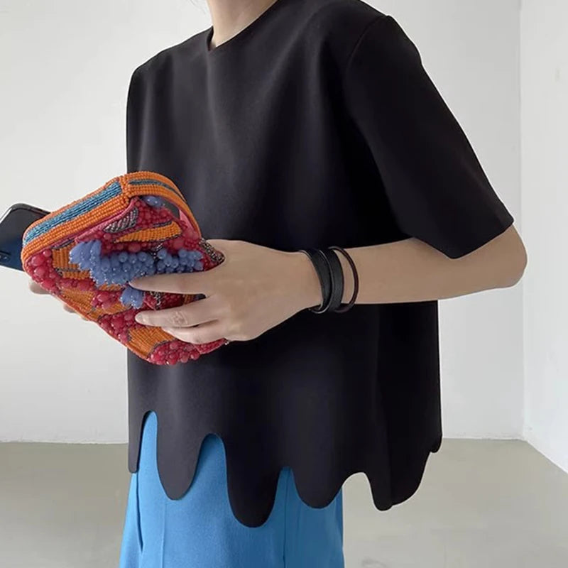 Camisetas de verano de moda coreana, camiseta informal de manga corta con cuello redondo y patrón de onda Irregular, camisetas simples