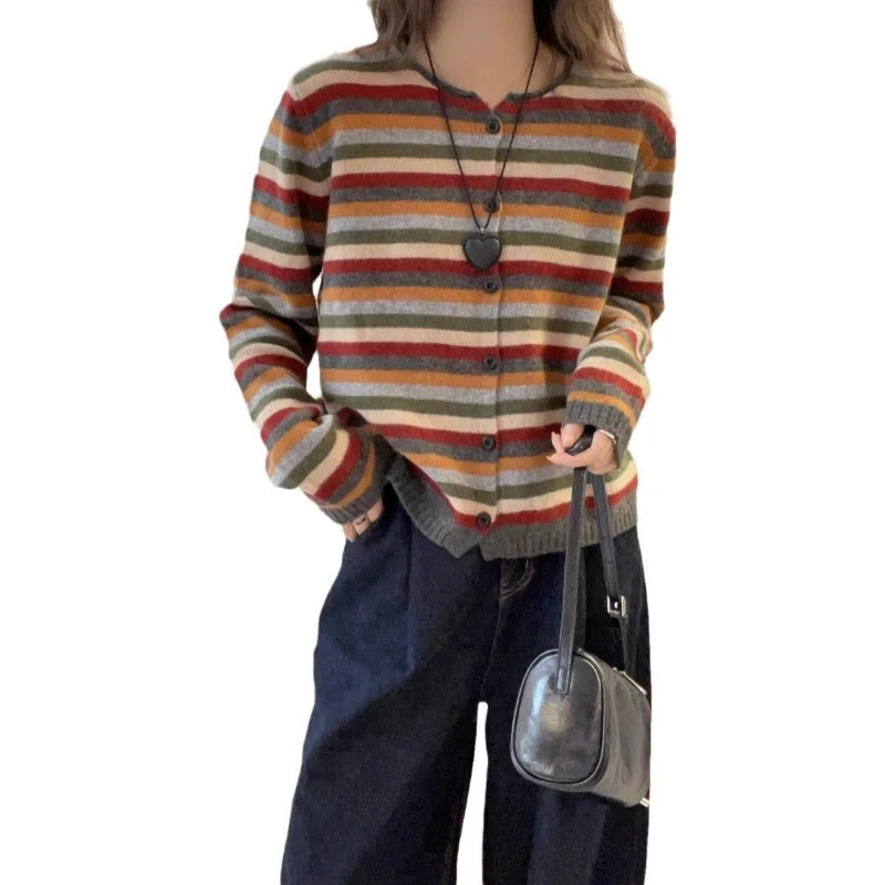 Cárdigan de punto a rayas de Color de manga larga con cuello redondo para mujer en otoño nueva chaqueta suéter de moda y de moda