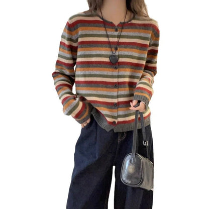 Cárdigan de punto a rayas de Color de manga larga con cuello redondo para mujer en otoño nueva chaqueta suéter de moda y de moda