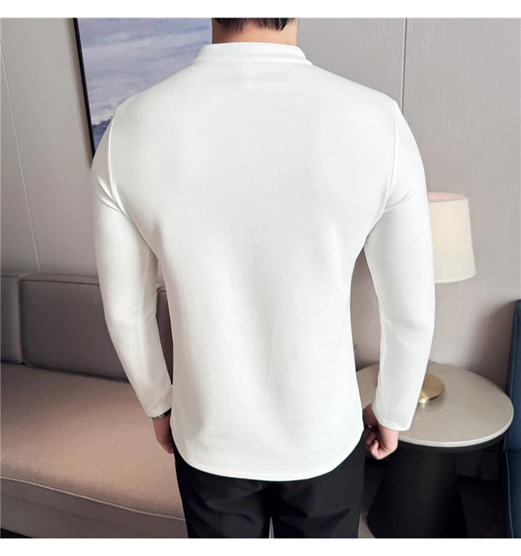 Camiseta elástica falsa de 2 piezas con empalme a la moda coreana, camiseta básica de manga larga con cuello en V ajustada para hombre, camisetas versátiles de Color sólido