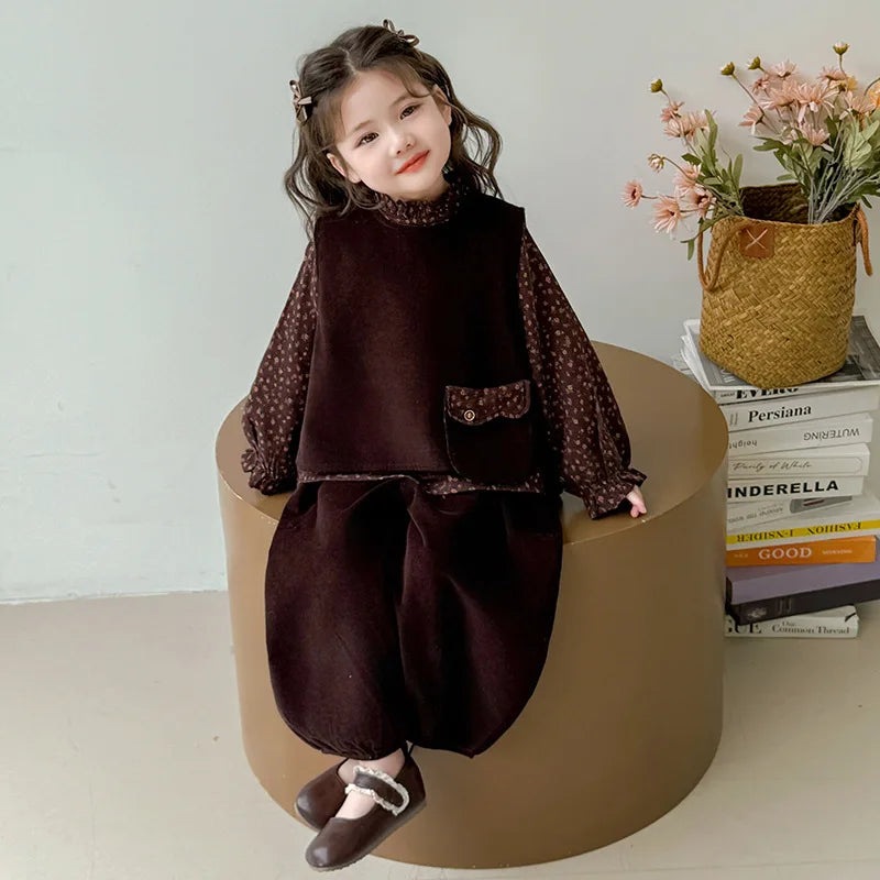Ropa de moda para niñas 2025, otoño, nueva camisa Floral, chaleco y pantalones de Color sólido, conjunto de 3 piezas de pana