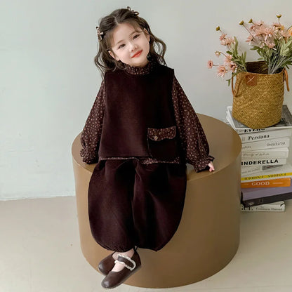 Ropa de moda para niñas 2025, otoño, nueva camisa Floral, chaleco y pantalones de Color sólido, conjunto de 3 piezas de pana