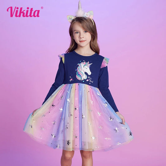 VIKITA-vestido de unicornio para niñas, disfraces escolares informales de algodón para otoño y primavera, vestido de malla de princesa para fiesta de cumpleaños para niña