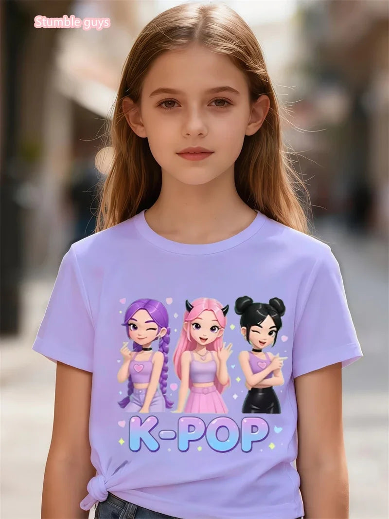 Nueva Camiseta de Verano para Niñas, Cuello Redondo, Algodón Puro, Estilo Casual, Linda Camiseta de Anime de Manga Corta, Suave, Ropa para Niñas