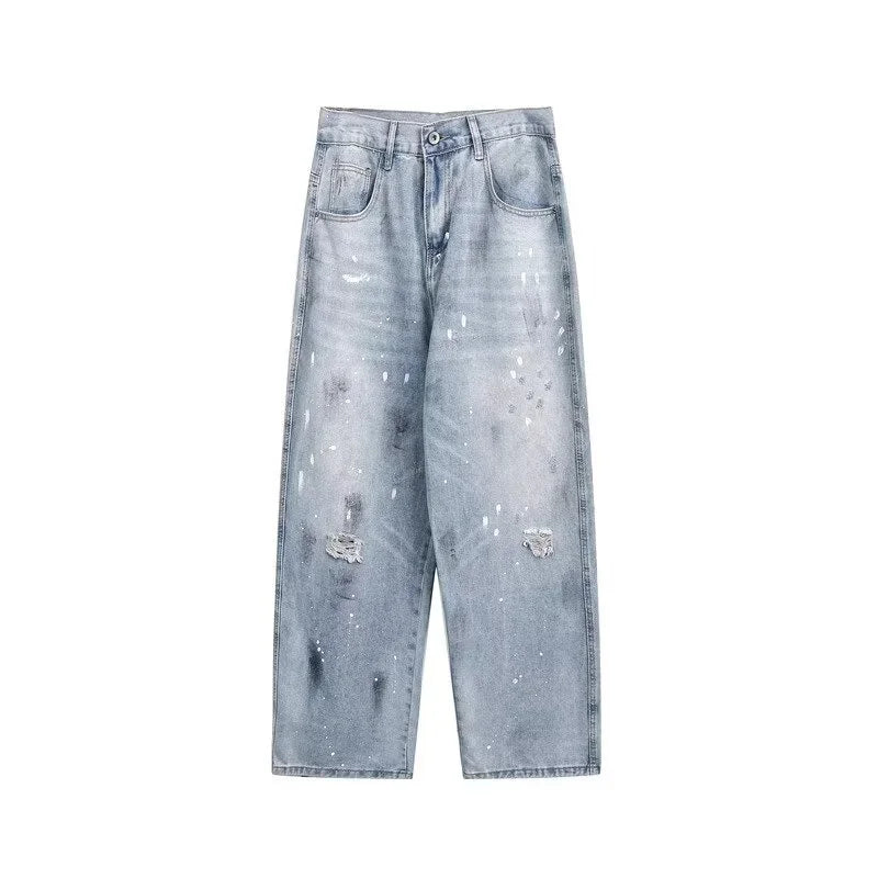 Pantalones vaqueros de pierna recta holgados rasgados de otoño para hombre, moda Hip Hop, pantalones vaqueros con estampado de grafiti, ropa de calle informal Y2K, pantalones vaqueros
