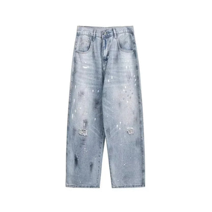 Pantalones vaqueros de pierna recta holgados rasgados de otoño para hombre, moda Hip Hop, pantalones vaqueros con estampado de grafiti, ropa de calle informal Y2K, pantalones vaqueros