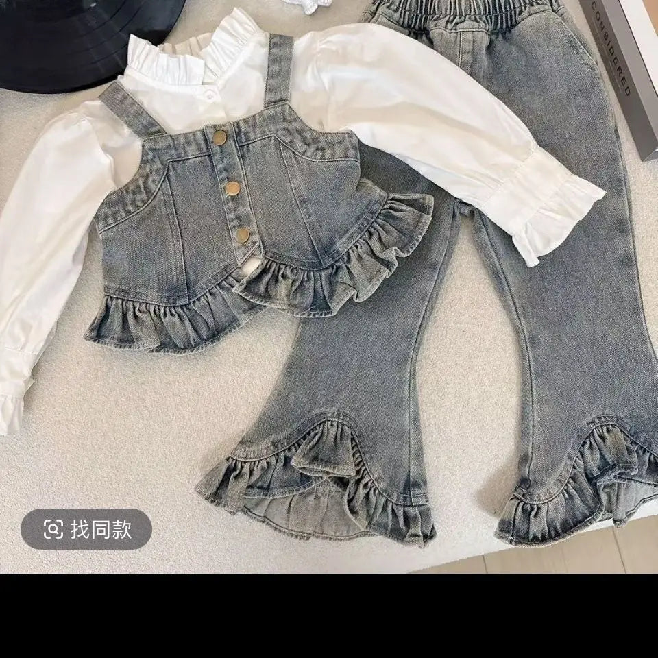 Conjunto para niña, nuevo estilo occidental, mezclilla, primavera y otoño, chaleco para niños, camisa, conjunto de tres piezas para bebé, pantalones vaqueros