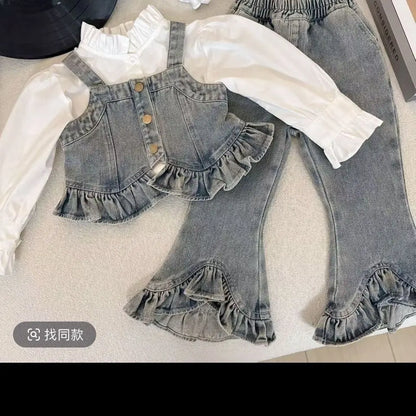 Conjunto para niña, nuevo estilo occidental, mezclilla, primavera y otoño, chaleco para niños, camisa, conjunto de tres piezas para bebé, pantalones vaqueros
