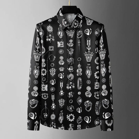 Camisa con estampado Vintage para hombre, camisas informales ajustadas de manga larga, ropa de calle para fiesta de banquete Social de lujo, tendencia 2026