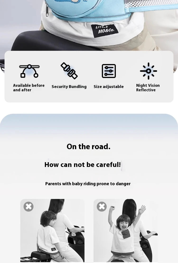 Cinturón de seguridad para niños, correa de ciclismo para coche eléctrico con almacenamiento, correas de protección para motocicleta, cinturón protector anticaída, Bandag ajustable