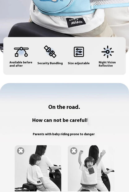Cinturón de seguridad para niños, correa de ciclismo para coche eléctrico con almacenamiento, correas de protección para motocicleta, cinturón protector anticaída, Bandag ajustable