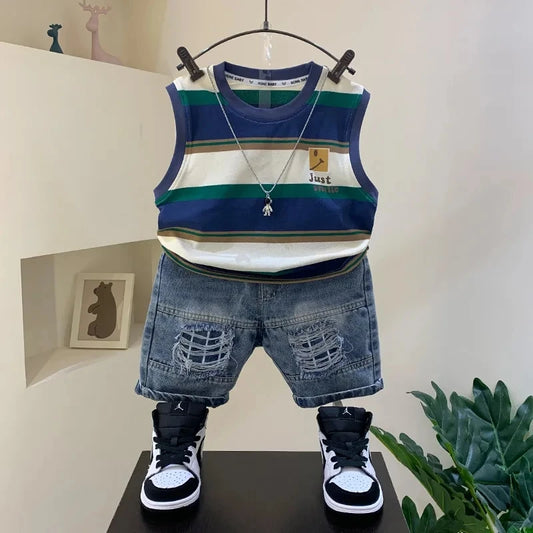 Children's Clothing Set 2026 New Boys' Summer Vest Set Baby Net Red Sleeveless T-shirt Shorts 2 Piece Set 2-9Y