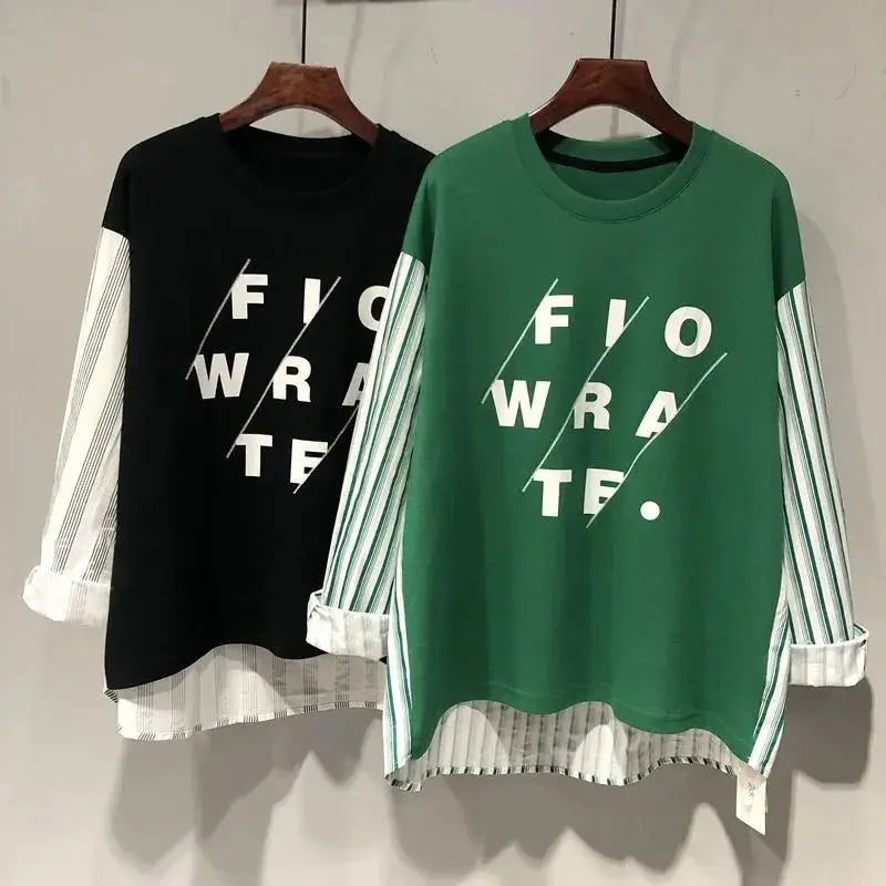 Sudadera de manga larga con estampado de letras para mujer, ropa de calle de gran tamaño, retales a rayas, Tops irregulares Y2K, moda coreana