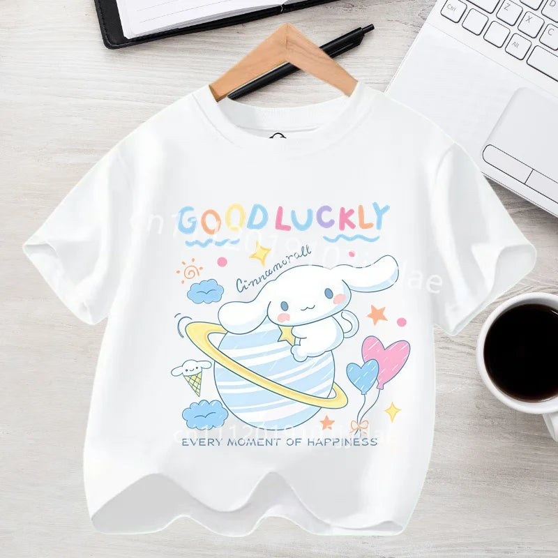 Camiseta de Manga Corta para Niños, Estilo Urbano, Verano 2026, Ropa Casual, Regalo Kawaii, Linda Camiseta de Cinnamoroll para Niña, Camiseta de Algodón con Estampado de Anime