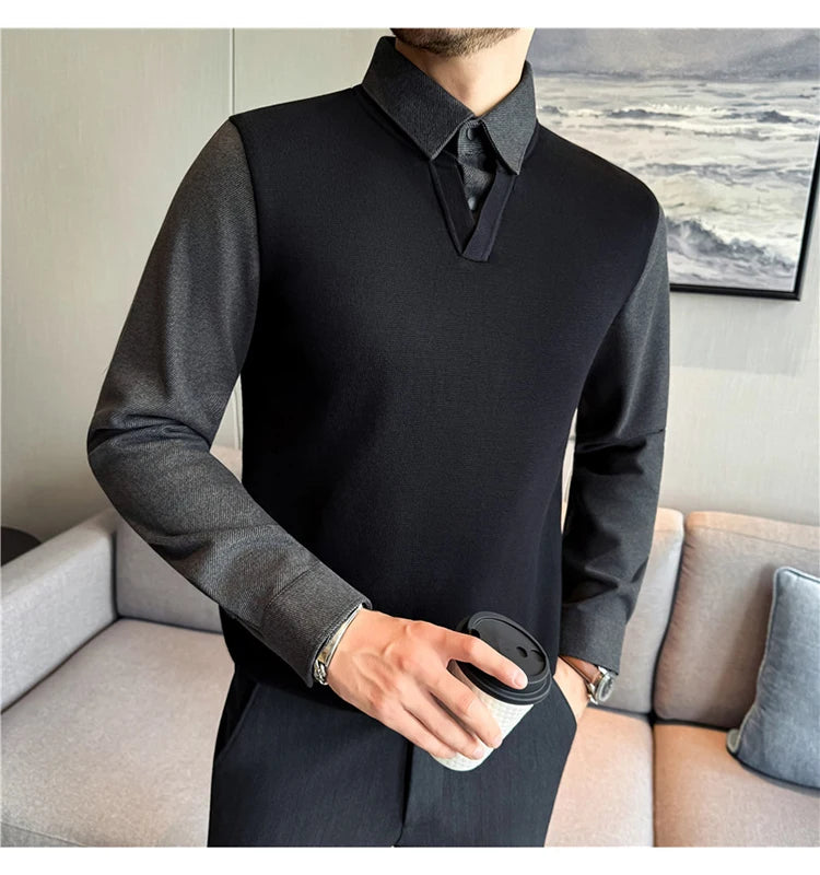 Suéter de punto de alta calidad para hombre, camisa de lana gruesa con cuello empalmado, suéteres con cuello en V, suéter de punto de dos piezas para Otoño e Invierno