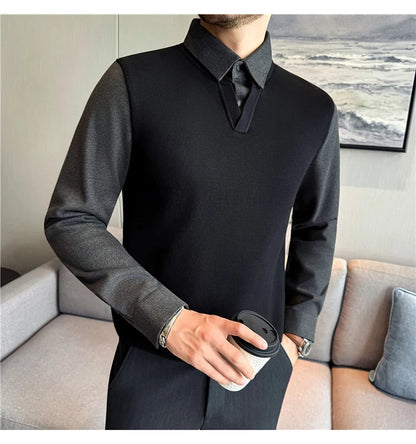 Suéter de punto de alta calidad para hombre, camisa de lana gruesa con cuello empalmado, suéteres con cuello en V, suéter de punto de dos piezas para Otoño e Invierno