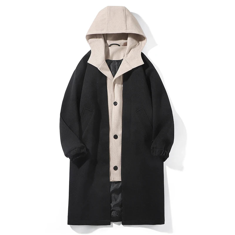 Spring Autumn Fashion false two-Piece Trench Men Hooded Long Outwear Coats Male Loose Single Breasted Casual Windbreaker Jackets