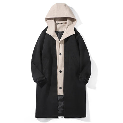 Spring Autumn Fashion false two-Piece Trench Men Hooded Long Outwear Coats Male Loose Single Breasted Casual Windbreaker Jackets