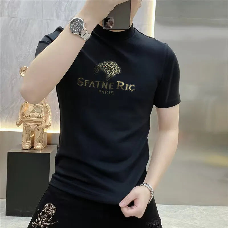 Camiseta de lujo con diamantes de imitación para hombre, camiseta informal ajustada de manga corta con cuello redondo, camiseta Social de negocios, ropa para hombre