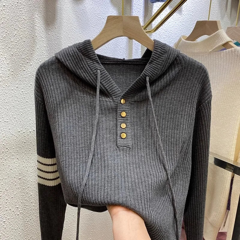Sudadera con Capucha de Punto de Manga Larga para Mujer, Elegante y Versátil, Estilo Coreano, para Otoño, Prenda de Marca