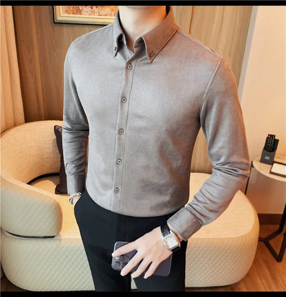 Camisa de ante de alta calidad para hombre, camisas de negocios informales de manga larga para otoño e invierno, blusa de esmoquin para fiesta Social, ropa para hombre 2023