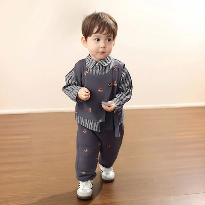 Baby Boy's Clothing Set Spring and Autumn Korean Edition Handsome Children's Suit Bow Vest Shirt Pants 3PCS