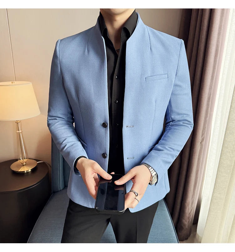 Chaqueta de traje con cuello levantado de alta calidad para hombre, chaquetas de negocios informales, abrigo coreano con gofres para boda, novio, banquete, vestido de fiesta, 2025