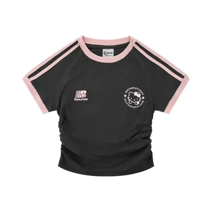 Sanrios HelloKitty, Camiseta de manga corta para niña, Camiseta de algodón puro con dibujos animados de primavera y verano, chaqueta para chicas calientes a rayas Kawaii Y2K para niños