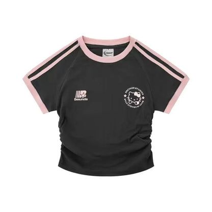 Sanrios HelloKitty, Camiseta de manga corta para niña, Camiseta de algodón puro con dibujos animados de primavera y verano, chaqueta para chicas calientes a rayas Kawaii Y2K para niños