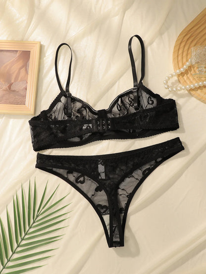 Conjunto de sujetador con aros de encaje negro para mujer, lencería Sexy de realce sin relleno, bragas de Bikini a juego
