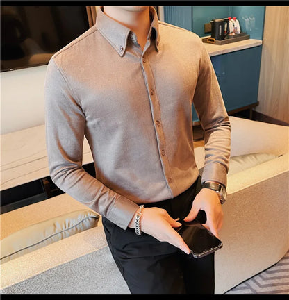 Camisa de ante de alta calidad para hombre, camisas de negocios informales de manga larga para otoño e invierno, blusa de esmoquin para fiesta Social, ropa para hombre 2023